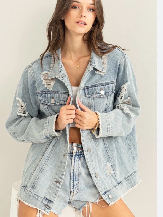 denim pimkie Jackets & Blazers - 0014 Light Wash Distressed Denim Jacket - Women's Oversized Jean Coat